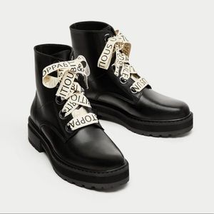 Black Zara Boots with slogan on laces
